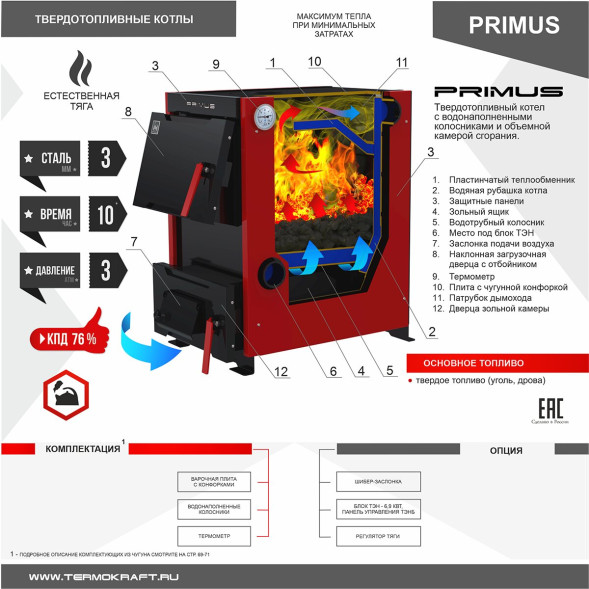 Котел твердотопливный PRIMUS 10 с плитой